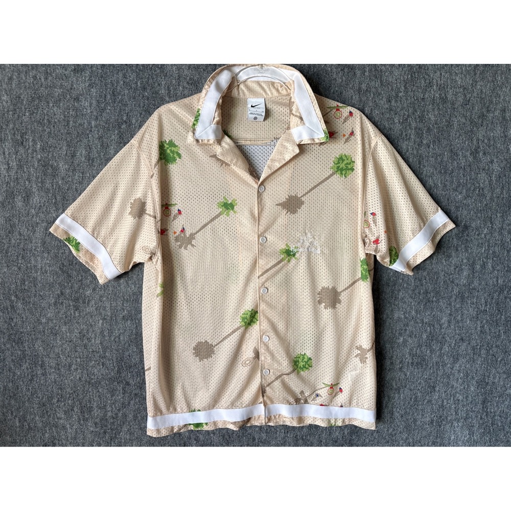 Nike Dri-FIT Hoops Island 2022 Mesh Button Up Shirt Tan Mens Small Tropical